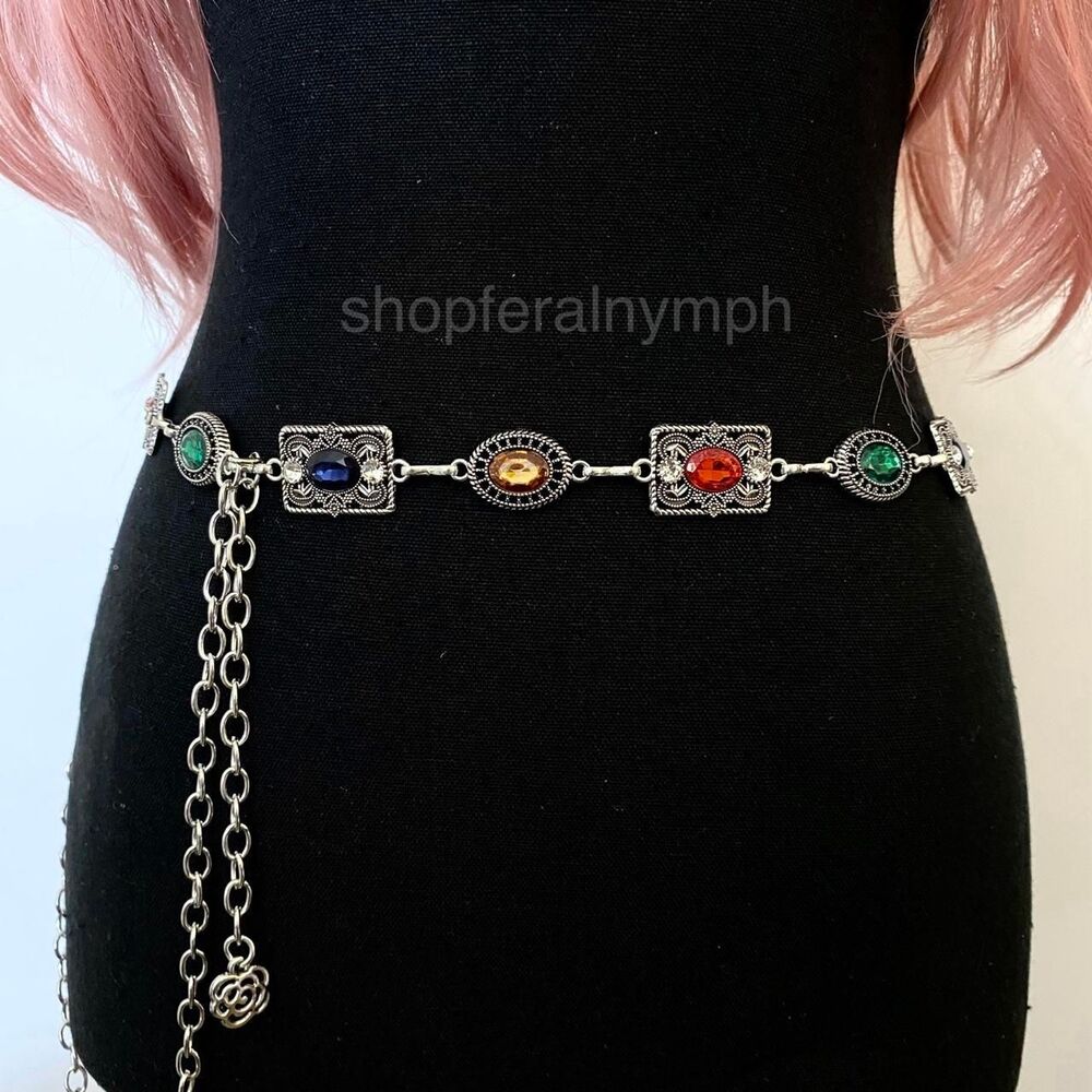Silver Y2K Multicolor Jewel Whimsygoth Chain Belt, Fits 26-55 Inches, X7GA1377